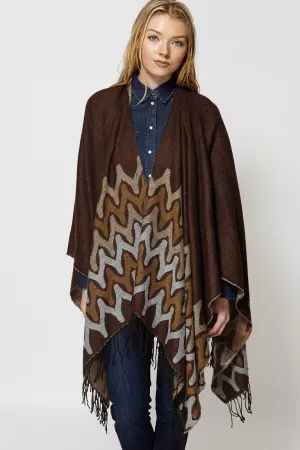 Abstract Print Fringed Open Poncho Cape