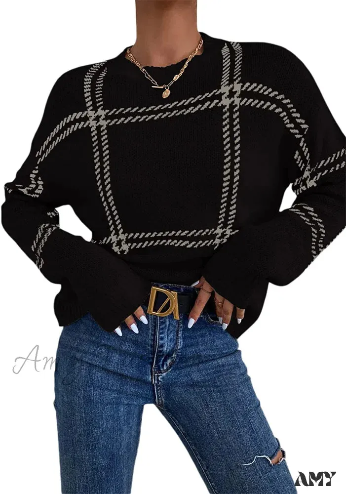 Amy Fashion - Women's Plaid Long Sleeve Crewneck Pullover Top Sweater