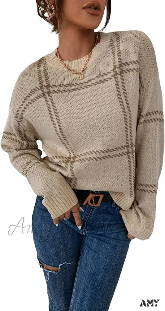 Amy Fashion - Women's Plaid Long Sleeve Crewneck Pullover Top Sweater