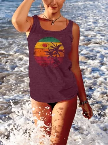 Binshre Graphic Tank Tops for Women Sun Salt Sand Vintage Print Racerback Tank Tops Summer Casual Beach Sleeveless O-Neck Vacation Shirt Cami