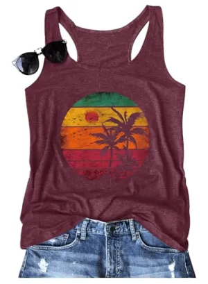 Binshre Graphic Tank Tops for Women Sun Salt Sand Vintage Print Racerback Tank Tops Summer Casual Beach Sleeveless O-Neck Vacation Shirt Cami