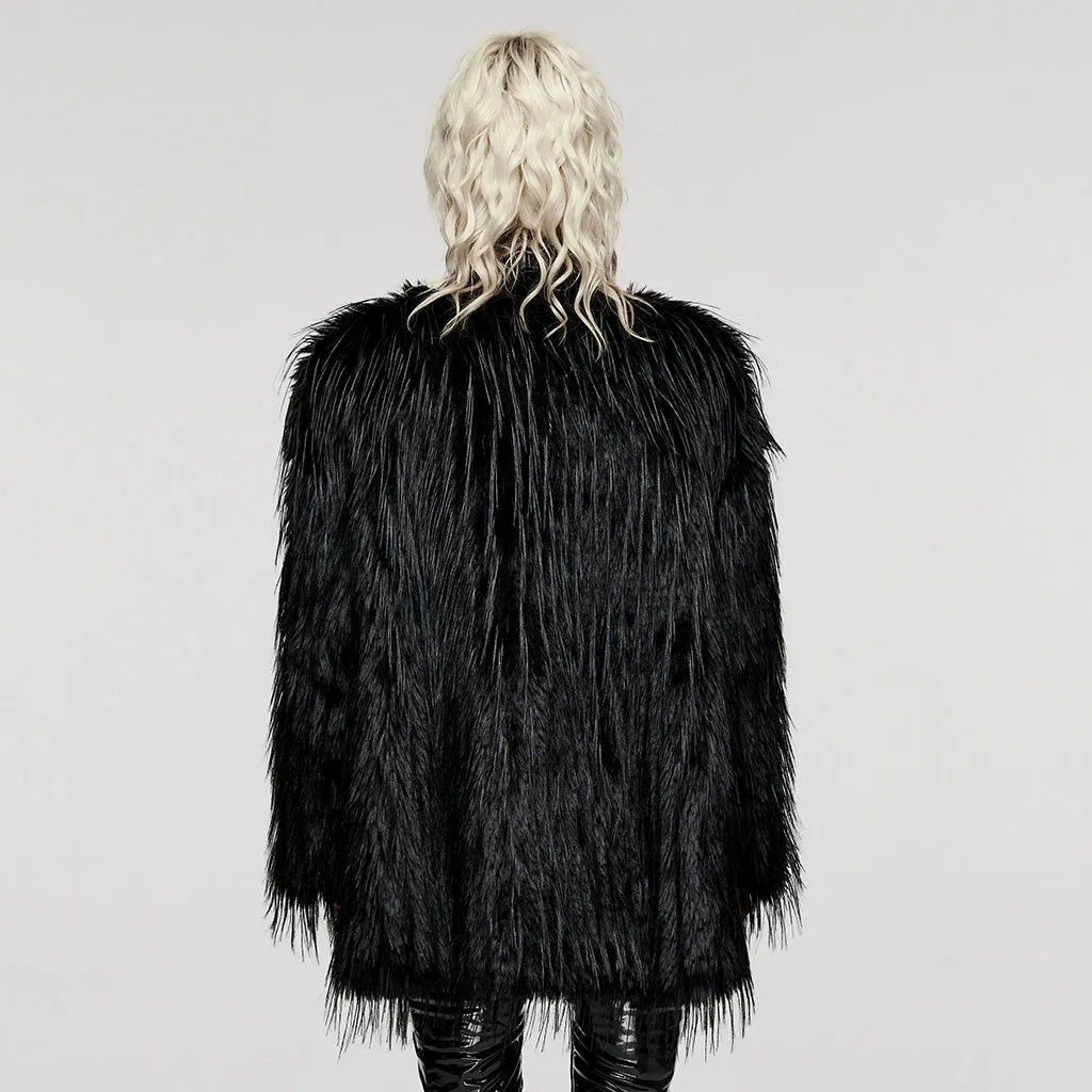 Black Fake Fur Coat w/ Vinyl Pieces