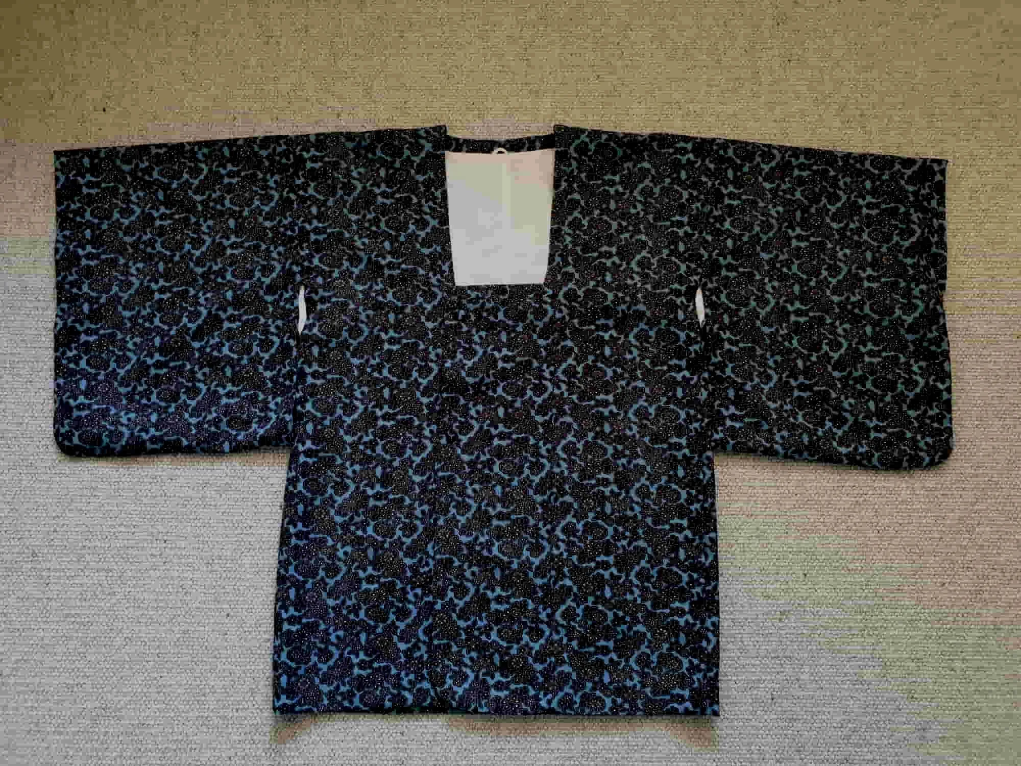 Blue and Black Floral Japanese Michiyuki, Kimono Jacket