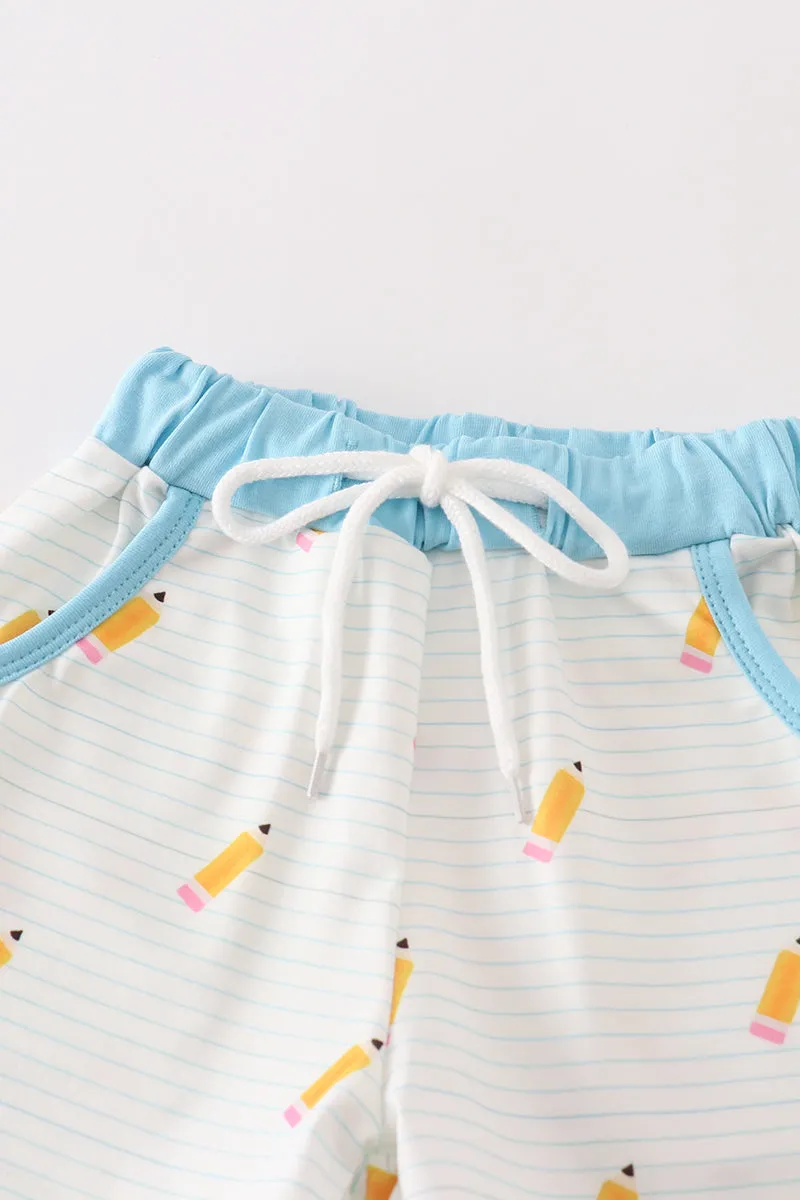 Blue pencil embroidery boy shorts set