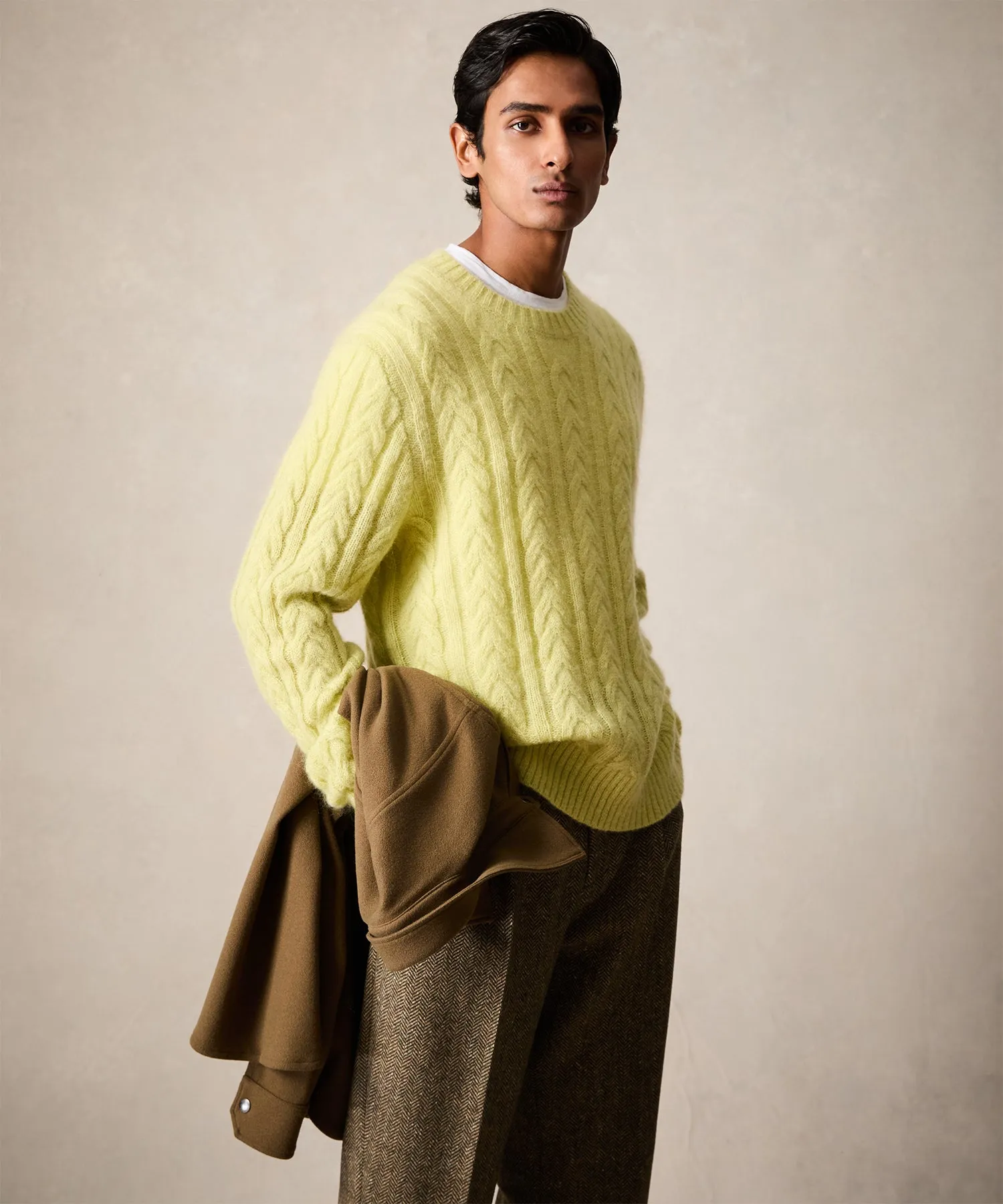 Brushed Cable Knit Crewneck Sweater in Green Lime