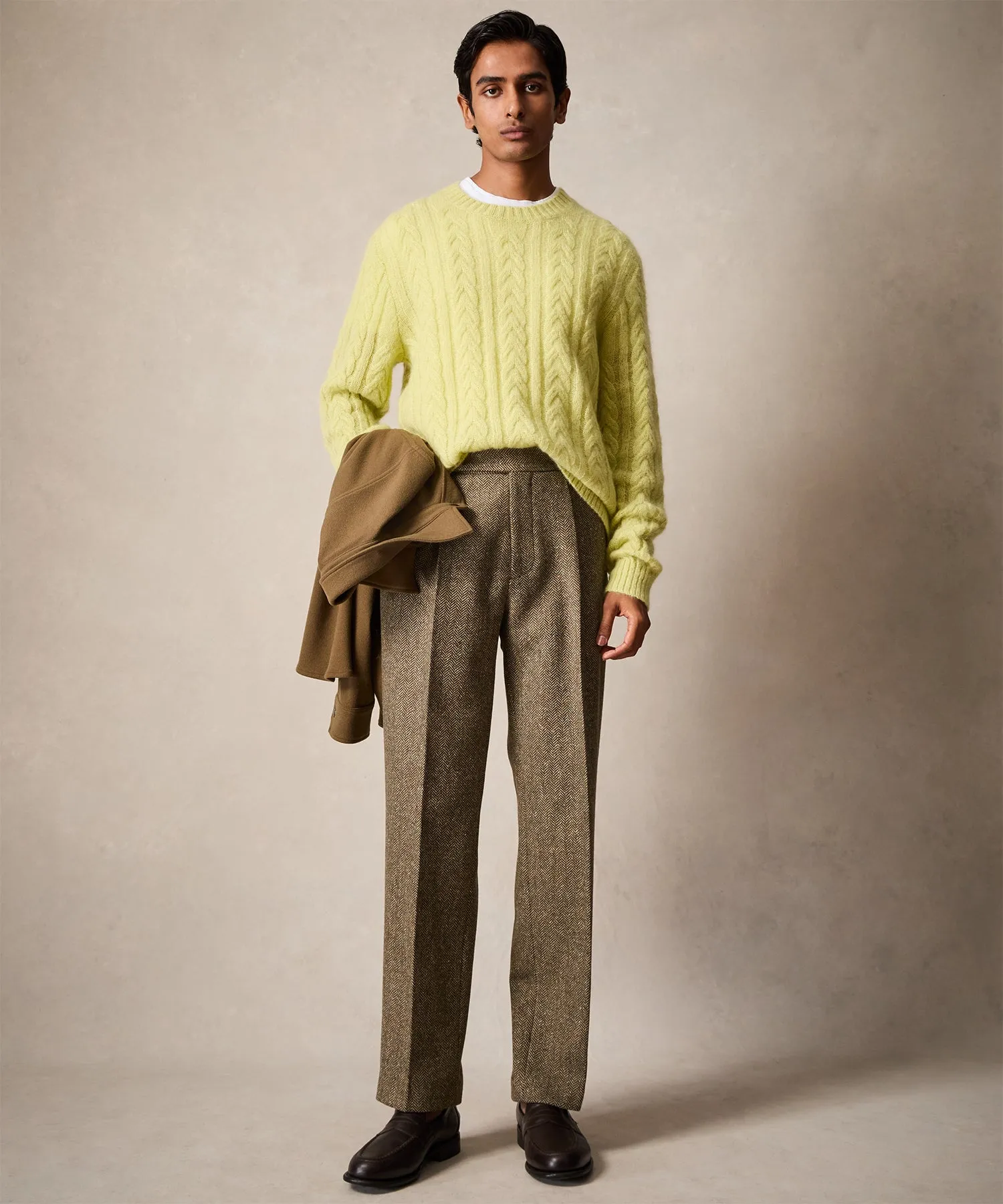 Brushed Cable Knit Crewneck Sweater in Green Lime