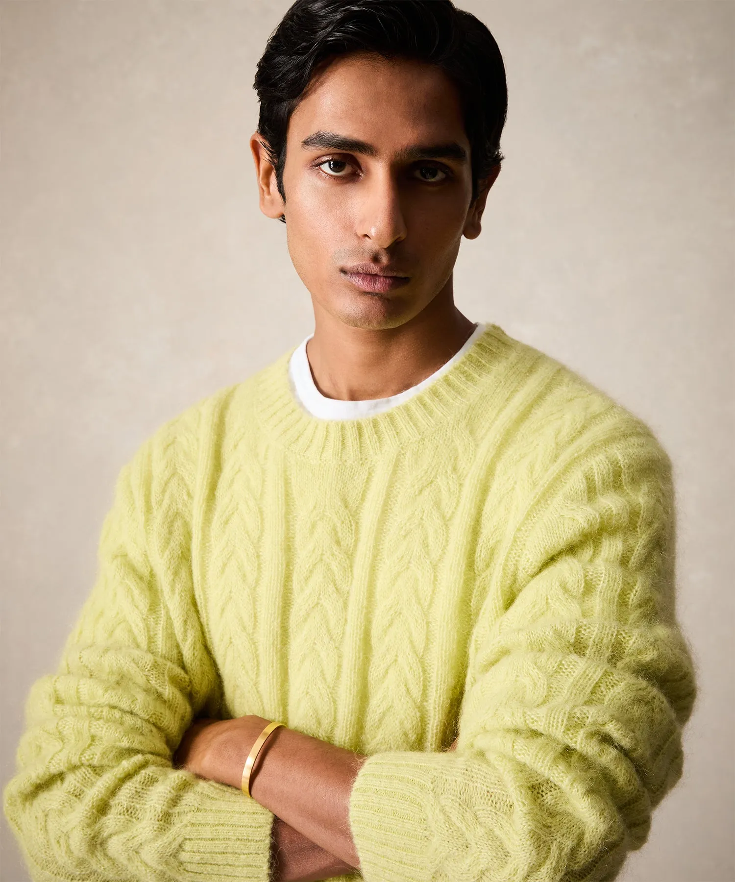 Brushed Cable Knit Crewneck Sweater in Green Lime