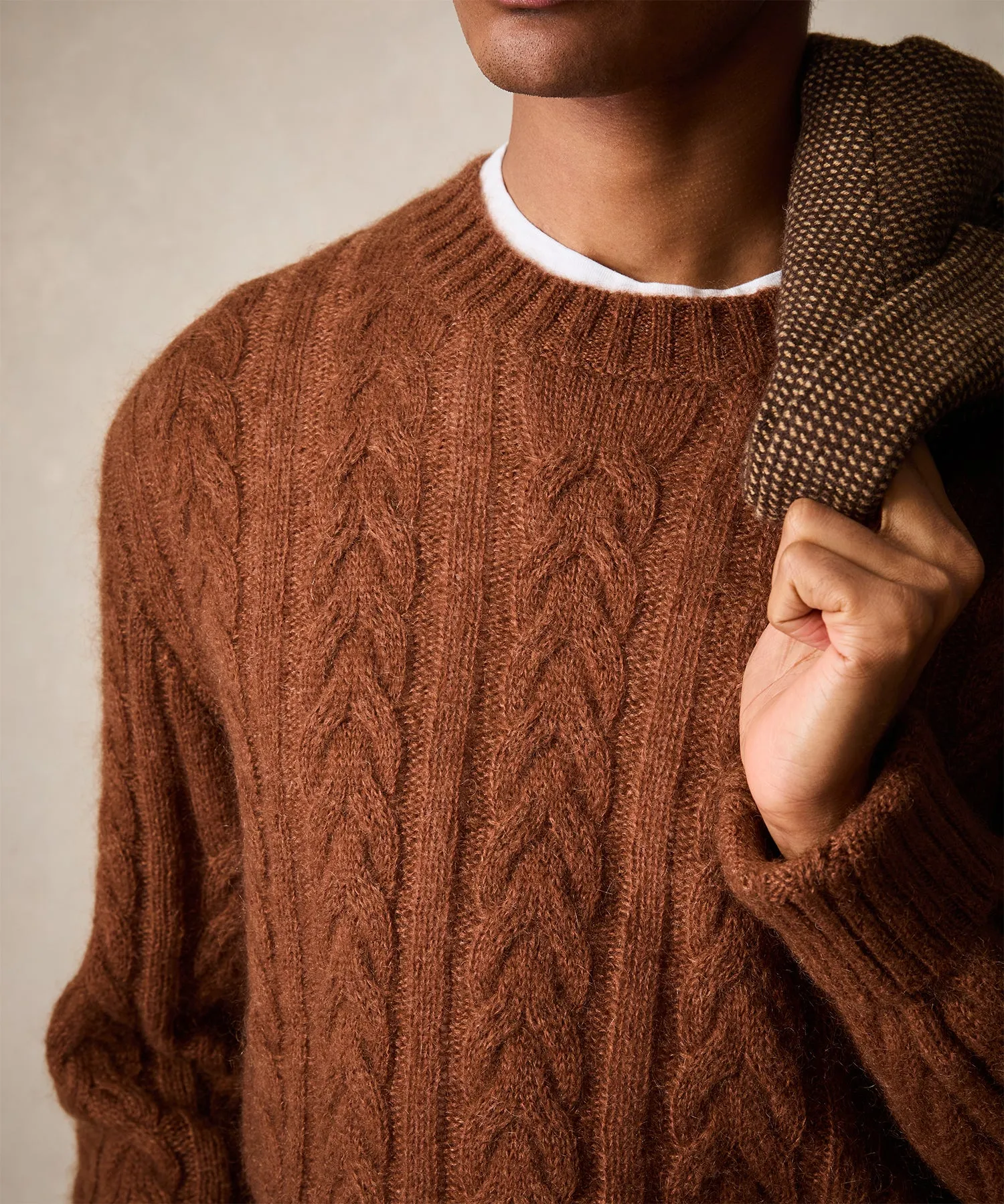 Brushed Cable Knit Crewneck Sweater in Saddle Brown