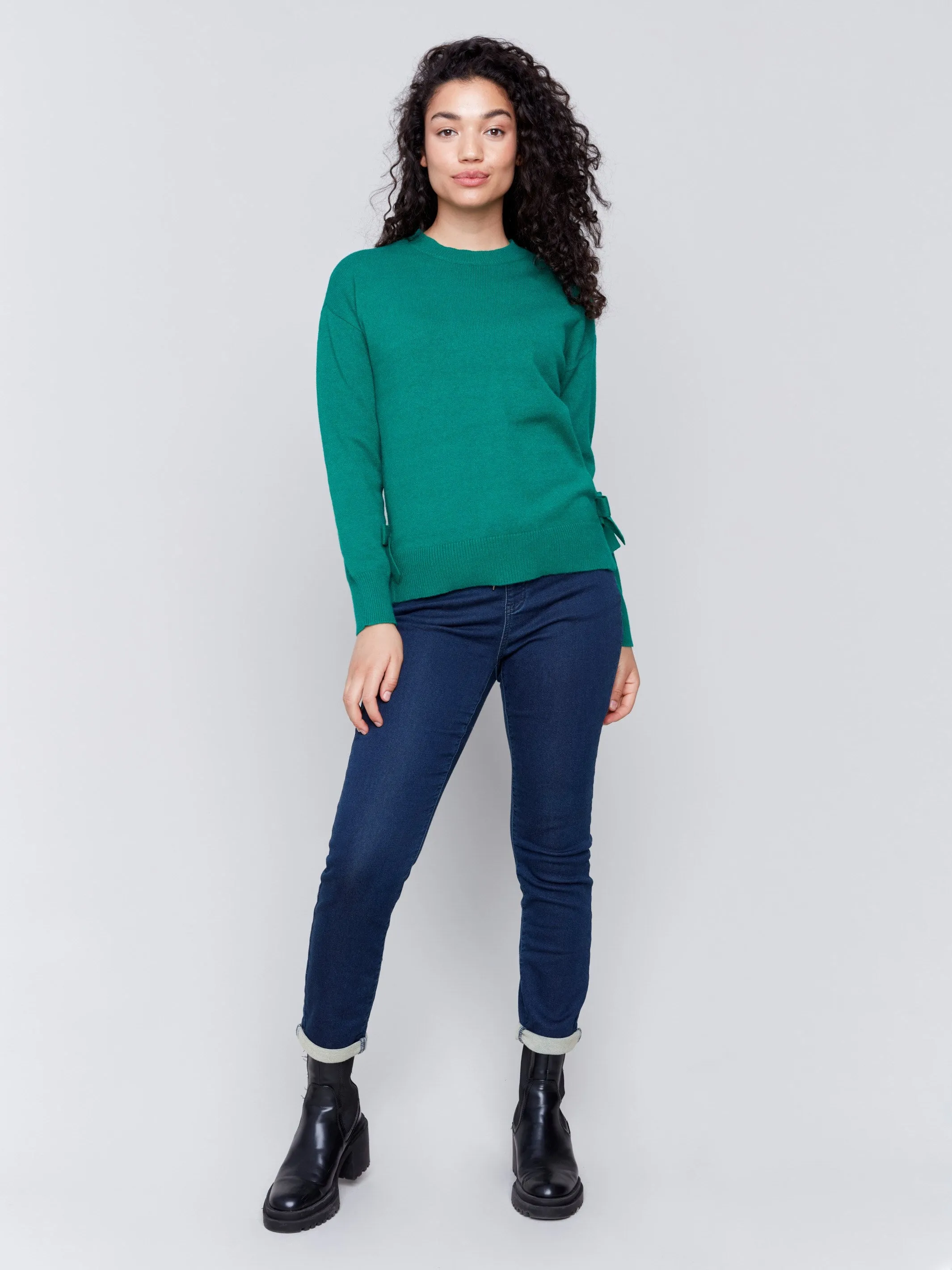 Crew Neck Sweater with Side Bows - Forest