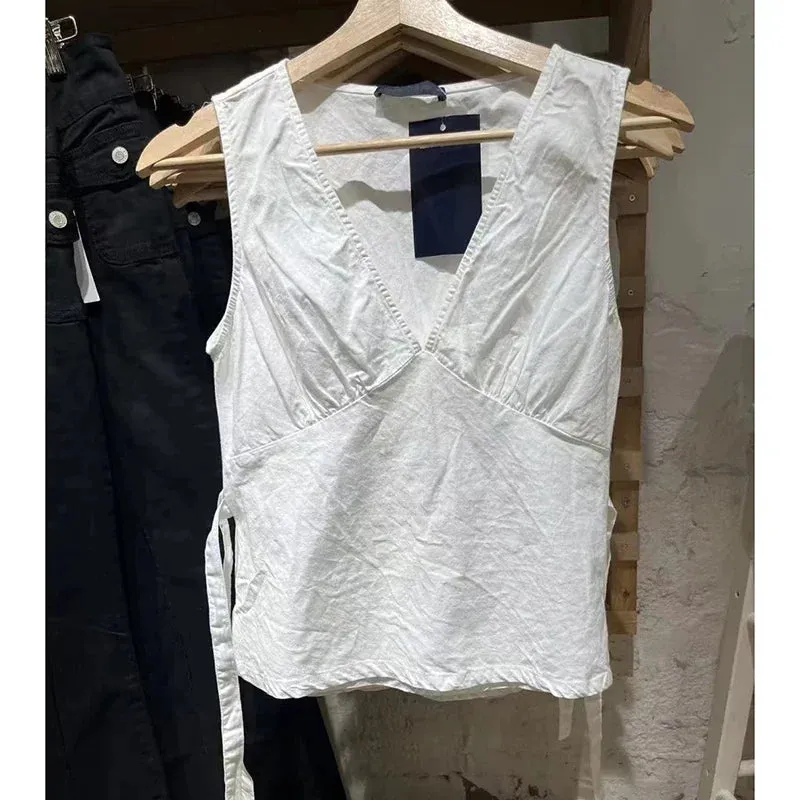 Dermearne 1 Women White Deep V Neck Tanks 2024 Summer Ladies Soft Sexy Cotton Slim Tank Tops Female Vintage Solid Sweet Vest