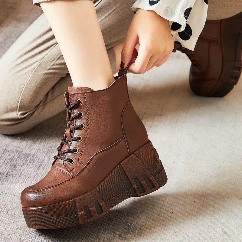 Fashion Retro Women's Platform Boots, Leather Wedge Casual Shoes- GCSO24