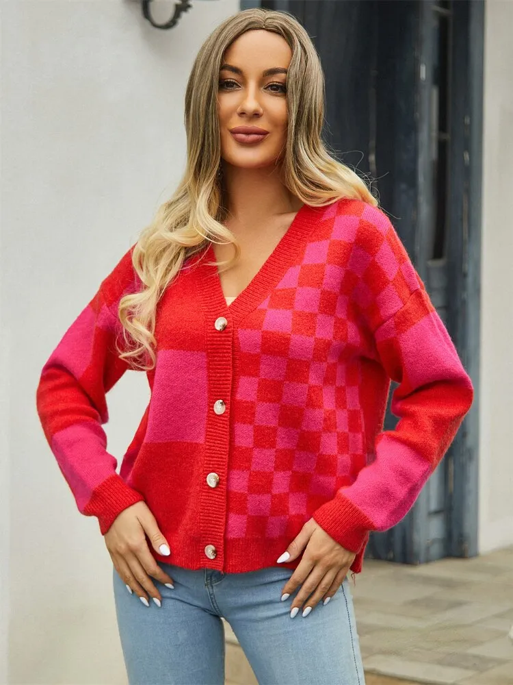 Fashion Women Sweaters 2023 AutumnWinter New Knitted Cardigan Woman Checkered Panel Ladies Sweater Streetwear Coat Tops Knitwear