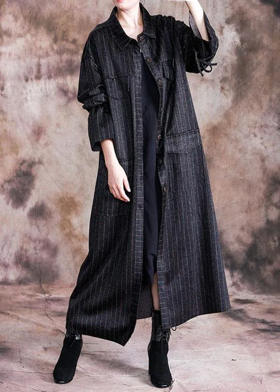 fine black woolen overcoat oversize Coats fall women coats striped