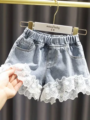 Girls Lace Denim Shorts