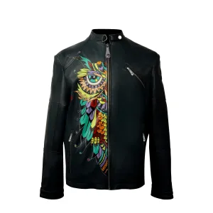 Hand-painted Suger-skull Owl Smokey Blue Leather Jacket By Brune & Bareskin