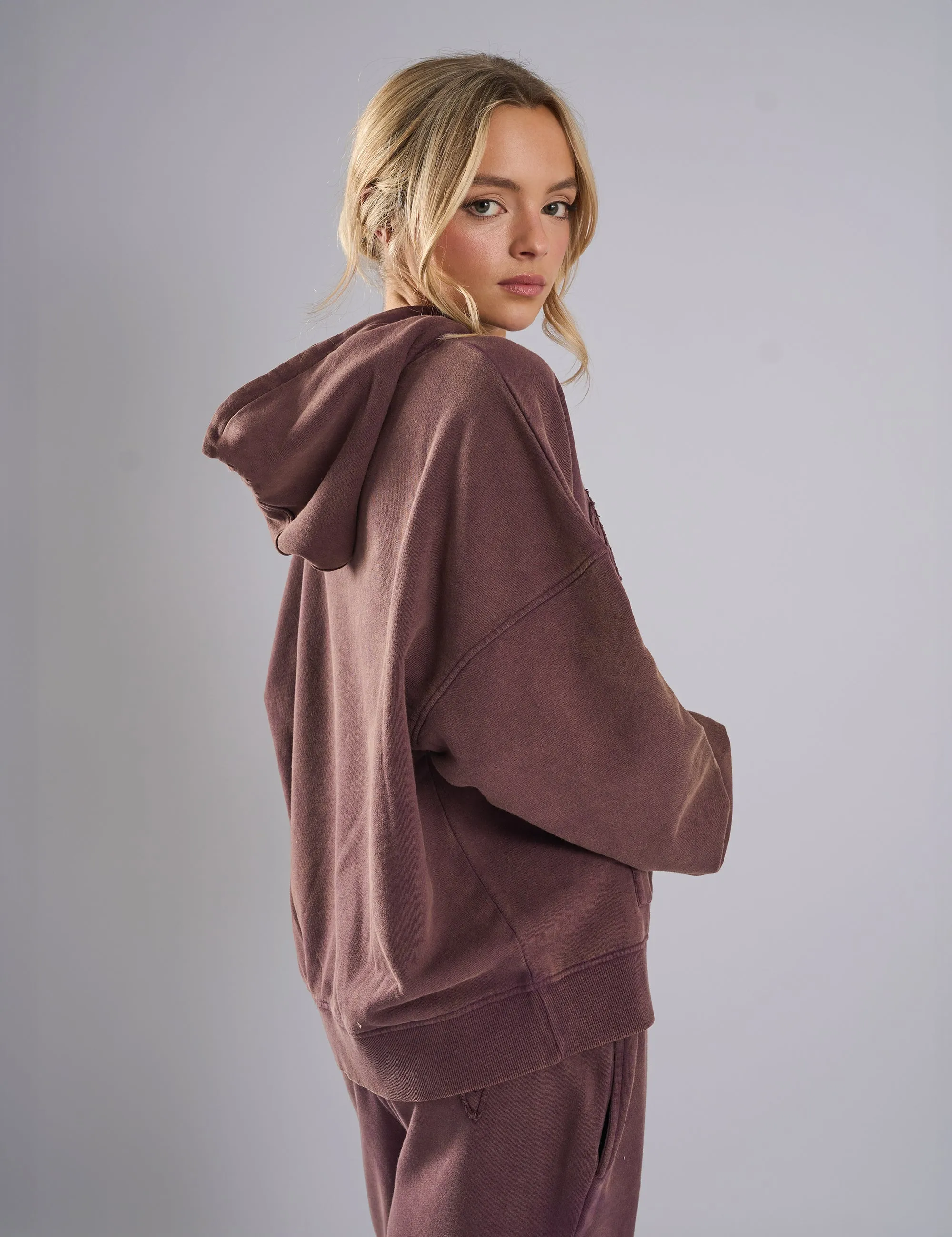 Kaiia Studio Distressed Applique Hoodie Plum