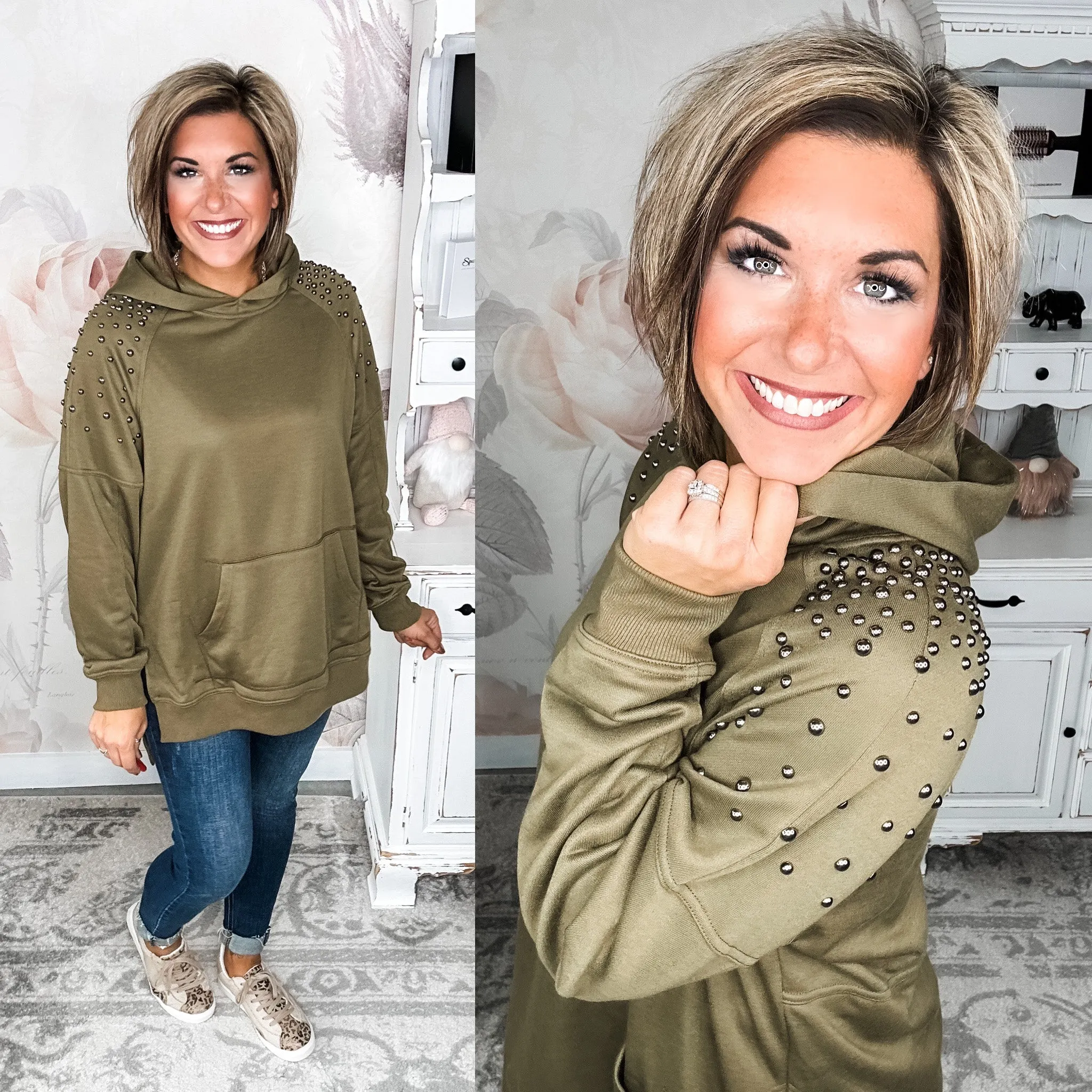 Like It Like That Studded Sweatshirt - Olive