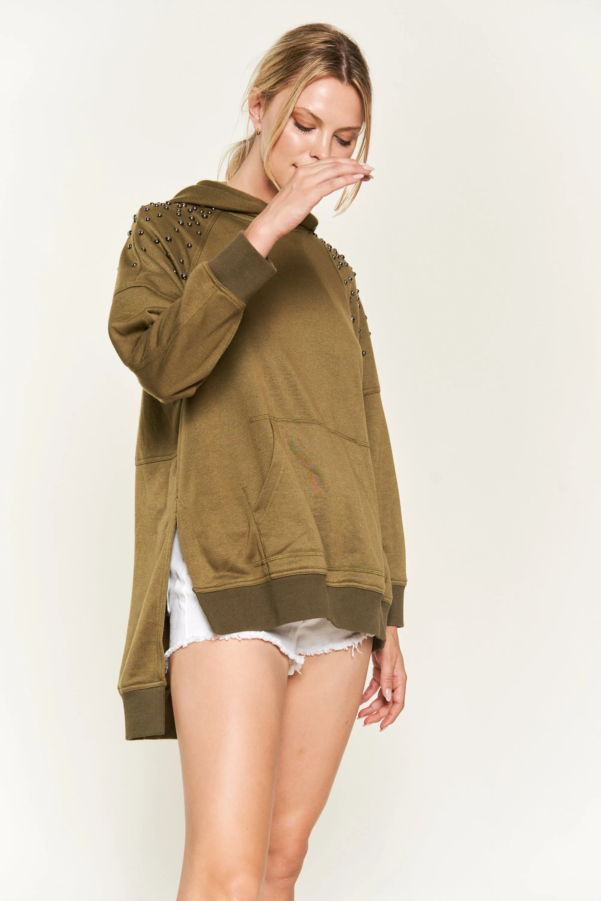 Like It Like That Studded Sweatshirt - Olive