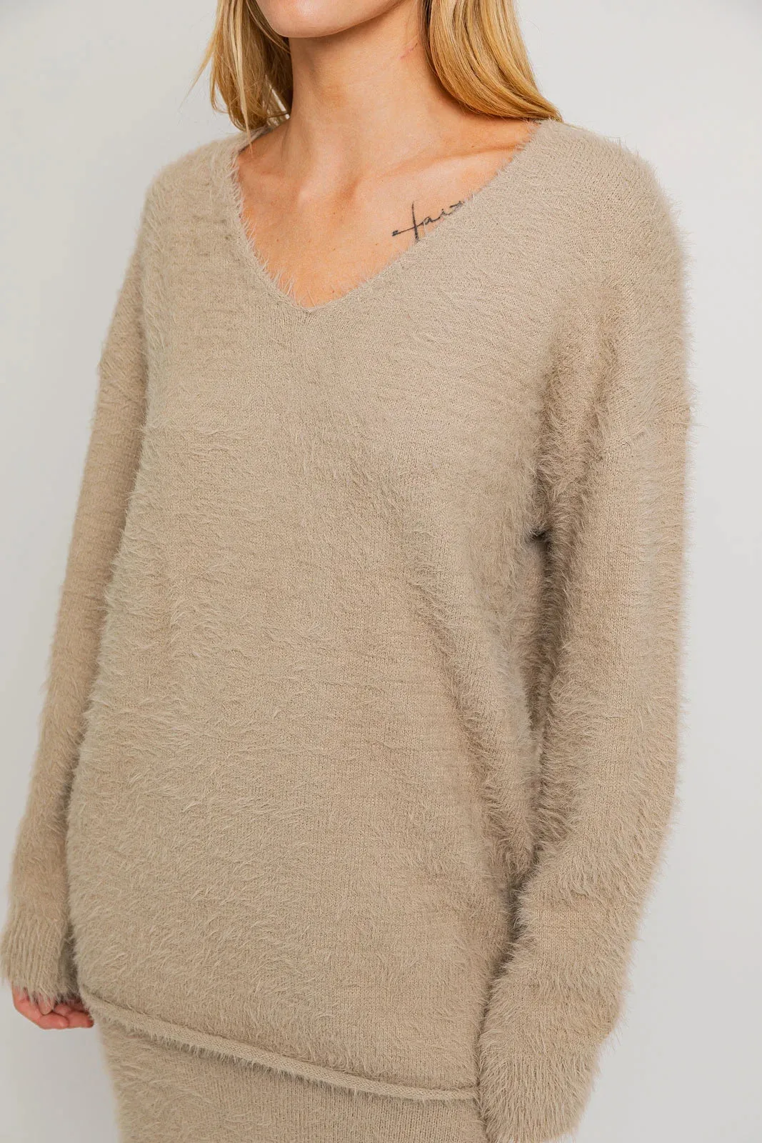 Long Sleeve Soft V-Neck Fuzzy Sweater