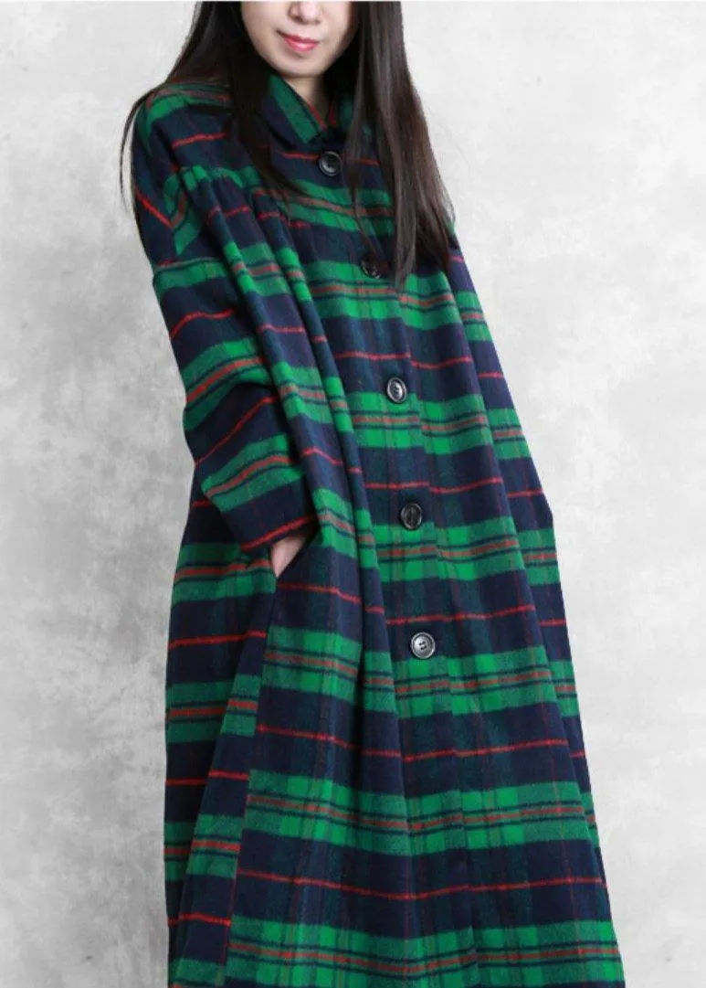 Luxury green plaid wool coat for woman casual Coats women Notched pockets coats