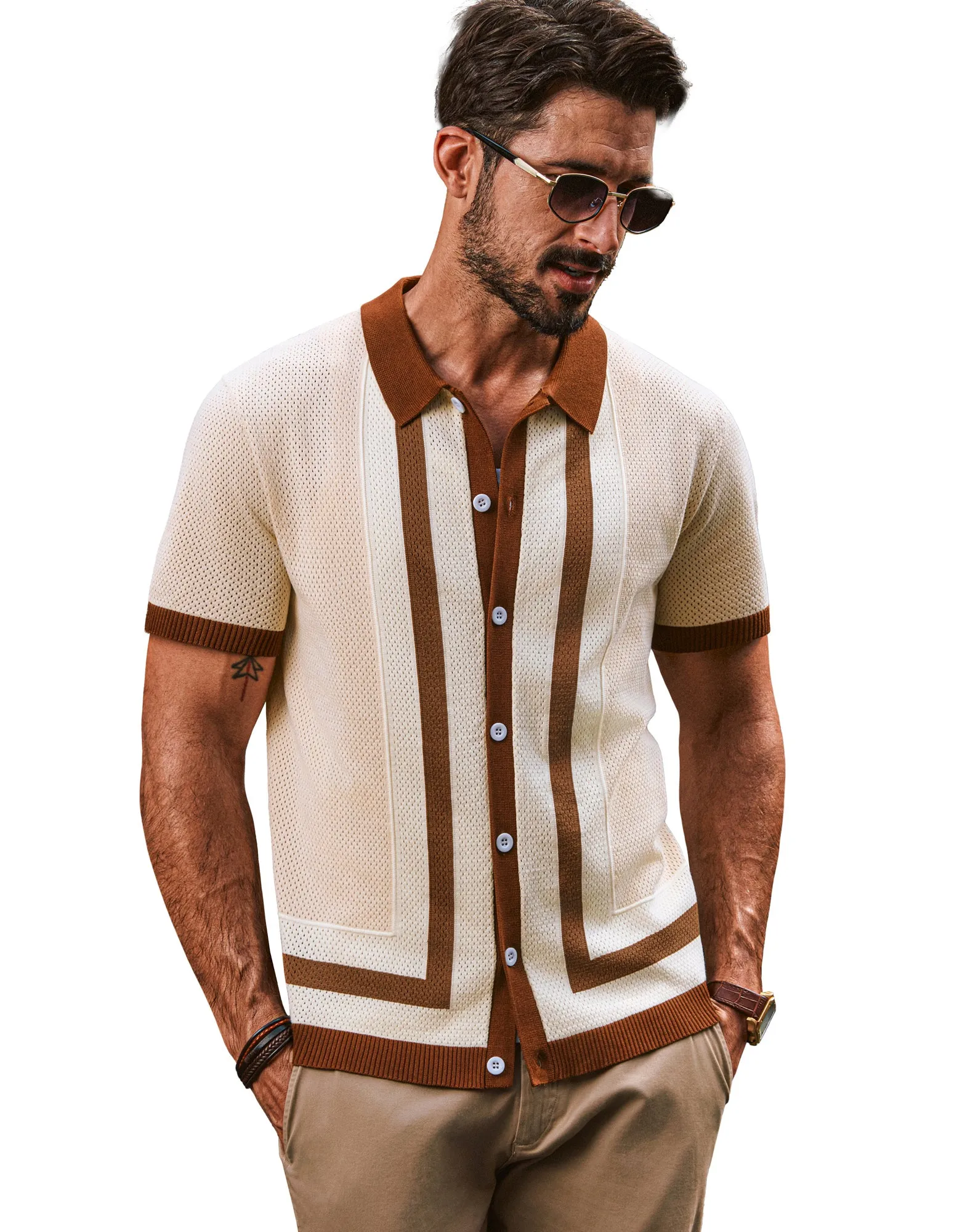 Men Contrast Color Cardigan Short Sleeve Lapel Collar Button-up Sweater