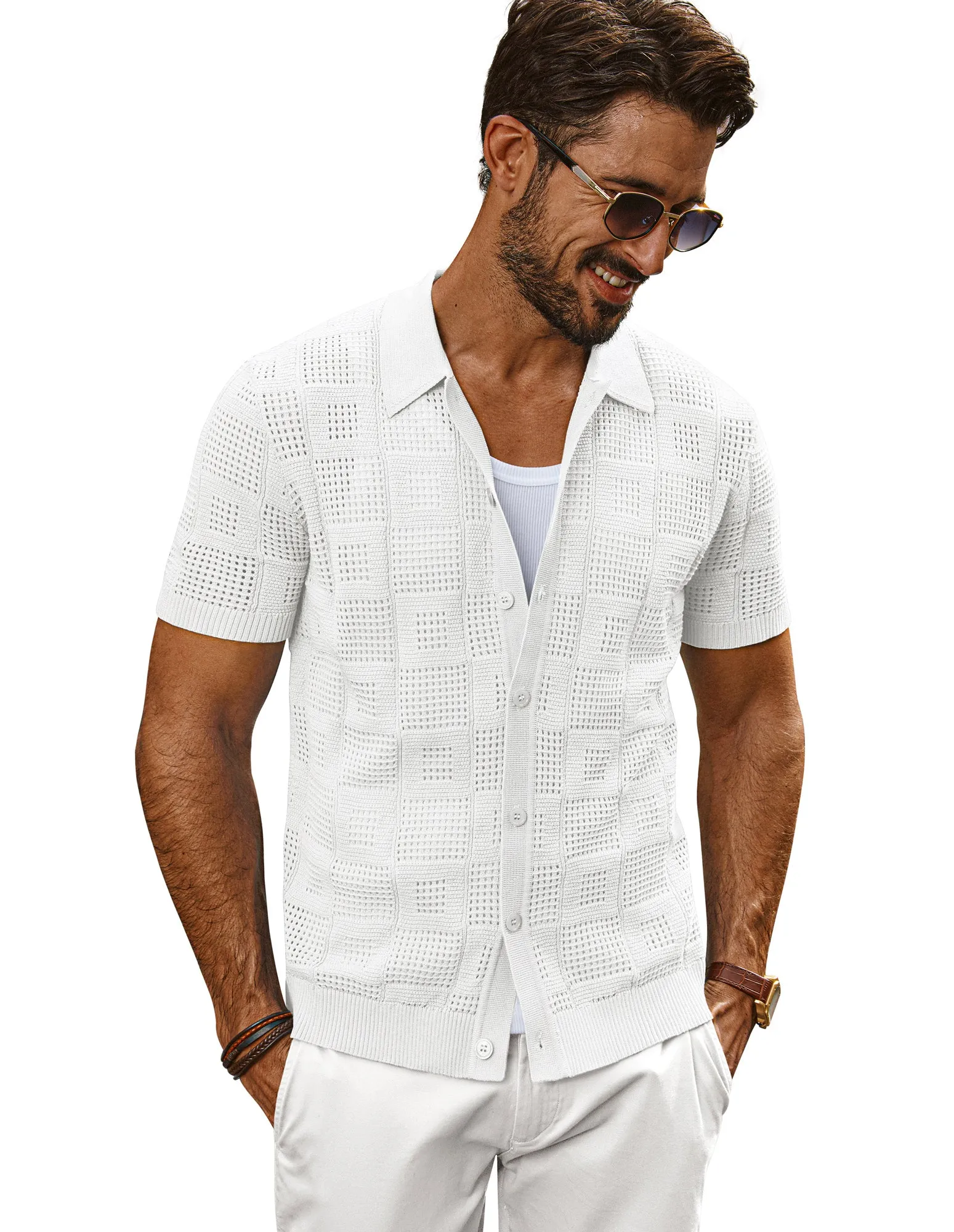 Men Hollowed-out Cardigan Short Sleeve Lapel Collar Button-up Sweater Tops