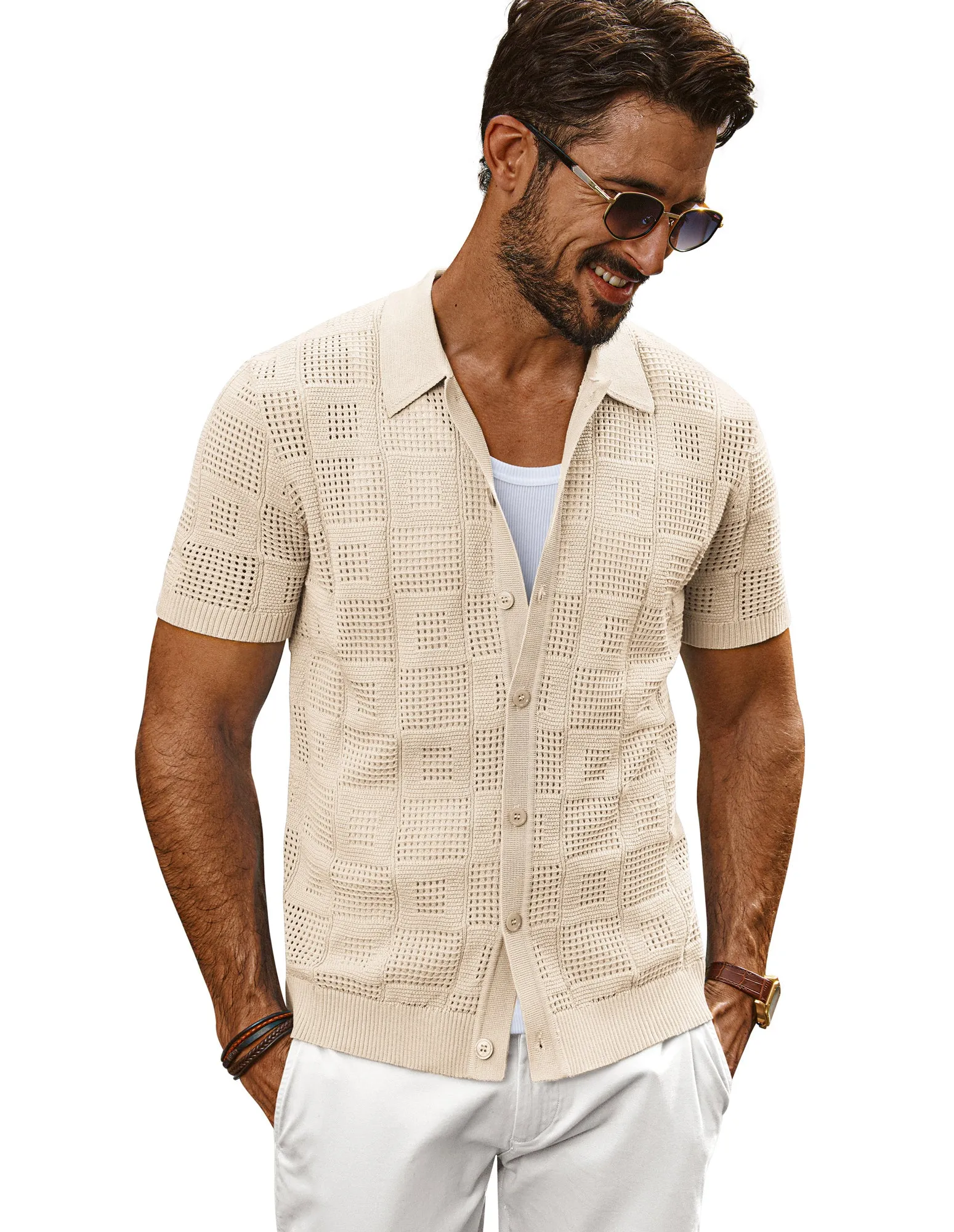 Men Hollowed-out Cardigan Short Sleeve Lapel Collar Button-up Sweater Tops