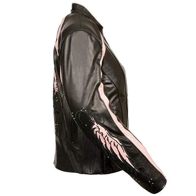 Milwaukee Leather Women's Embroidered Wing and Stud Design Black/Pink Leather Scooter Jacket with Gun Pocket