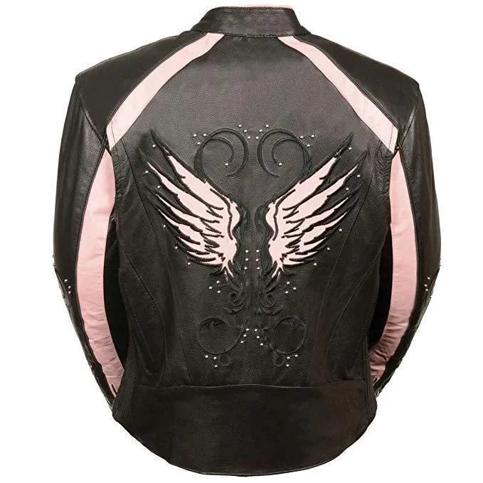 Milwaukee Leather Women's Embroidered Wing and Stud Design Black/Pink Leather Scooter Jacket with Gun Pocket