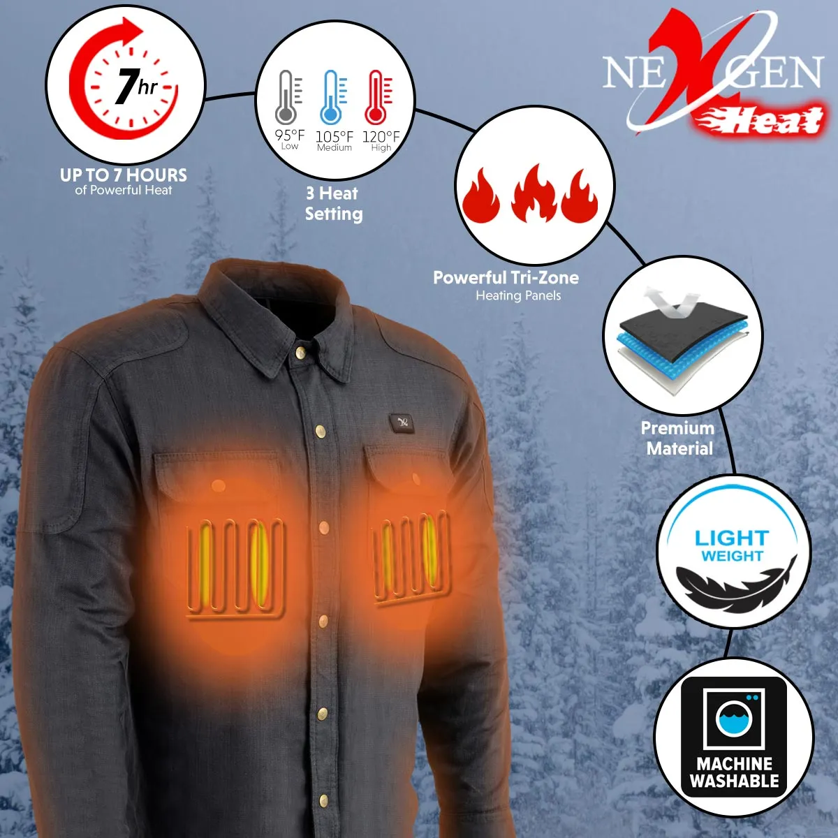 Nexgen Heat NXM1715SET Men's Scorcher Grey Heated Cotton Denim Jacket Shirt for Outdoor Activities w/ Battery Pack