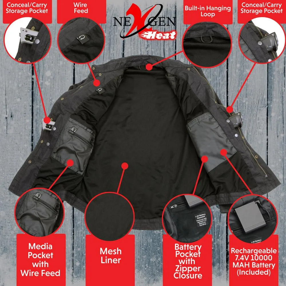 Nexgen Heat NXM1715SET Men's Scorcher Grey Heated Cotton Denim Jacket Shirt for Outdoor Activities w/ Battery Pack