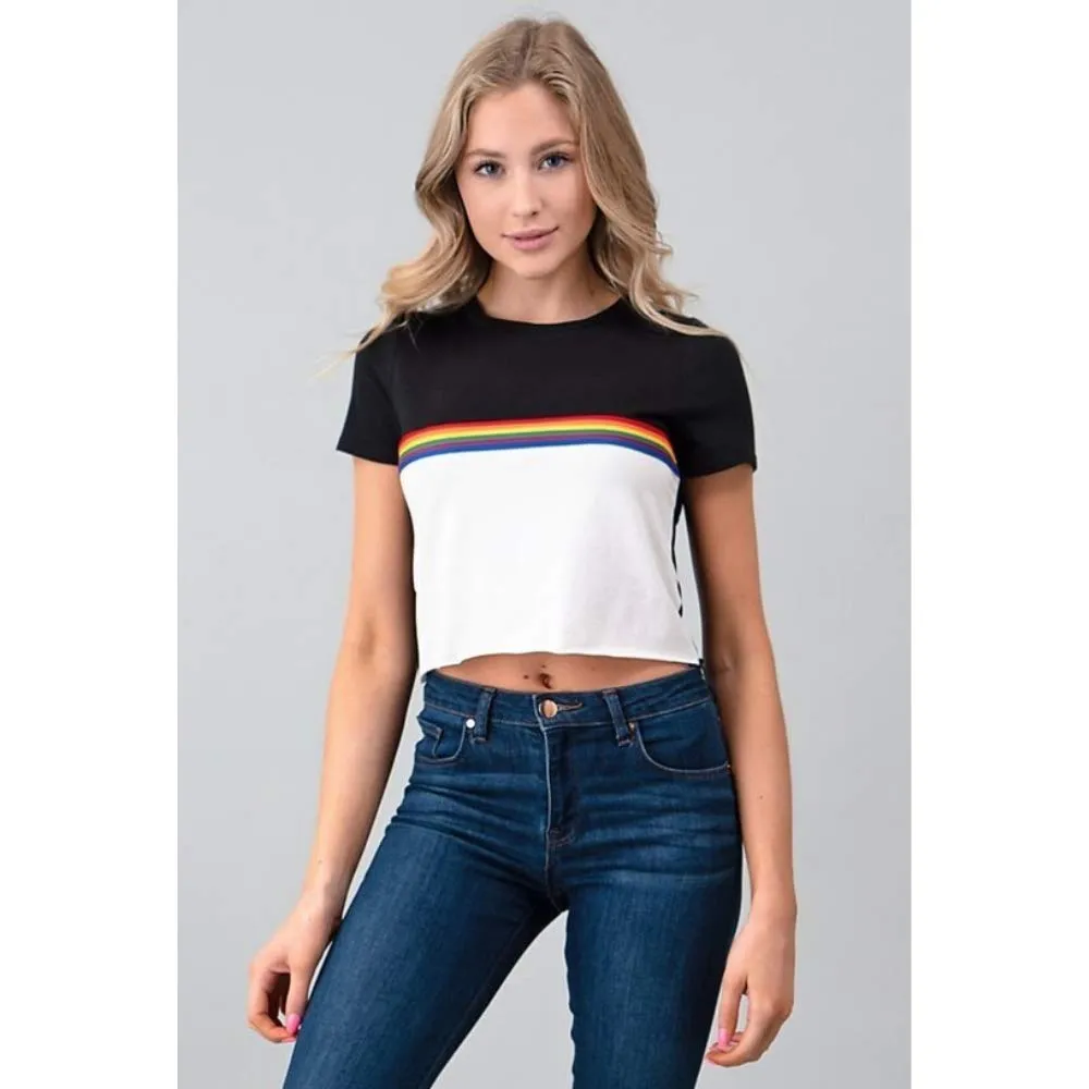 Rainbow Stripe Color Block Short Sleeve Crop Top