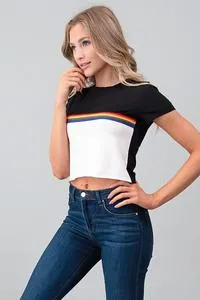 Rainbow Stripe Color Block Short Sleeve Crop Top