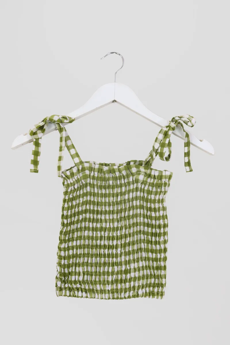 Rosa Ribbon Top in Apple Green Gingham