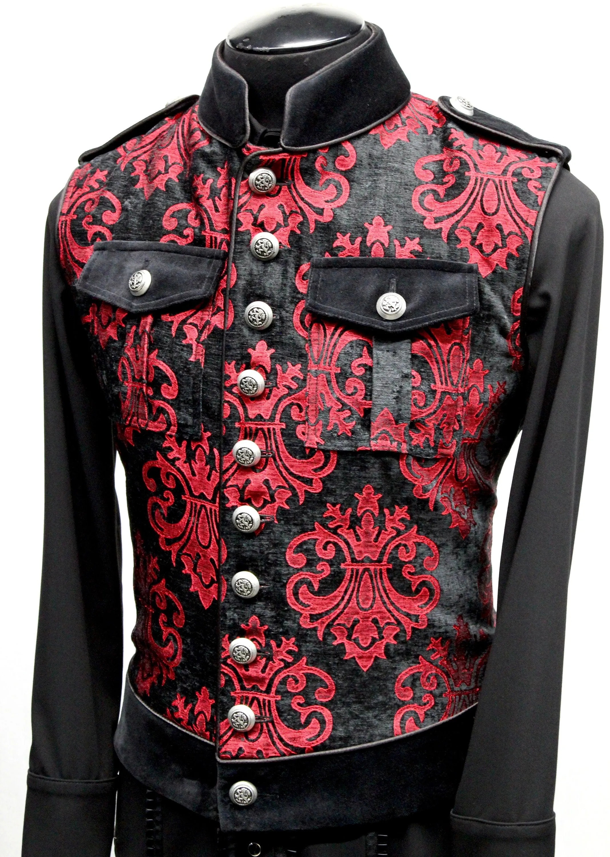 ROYAL MARINE VEST -Red On Black Velvet Brocade