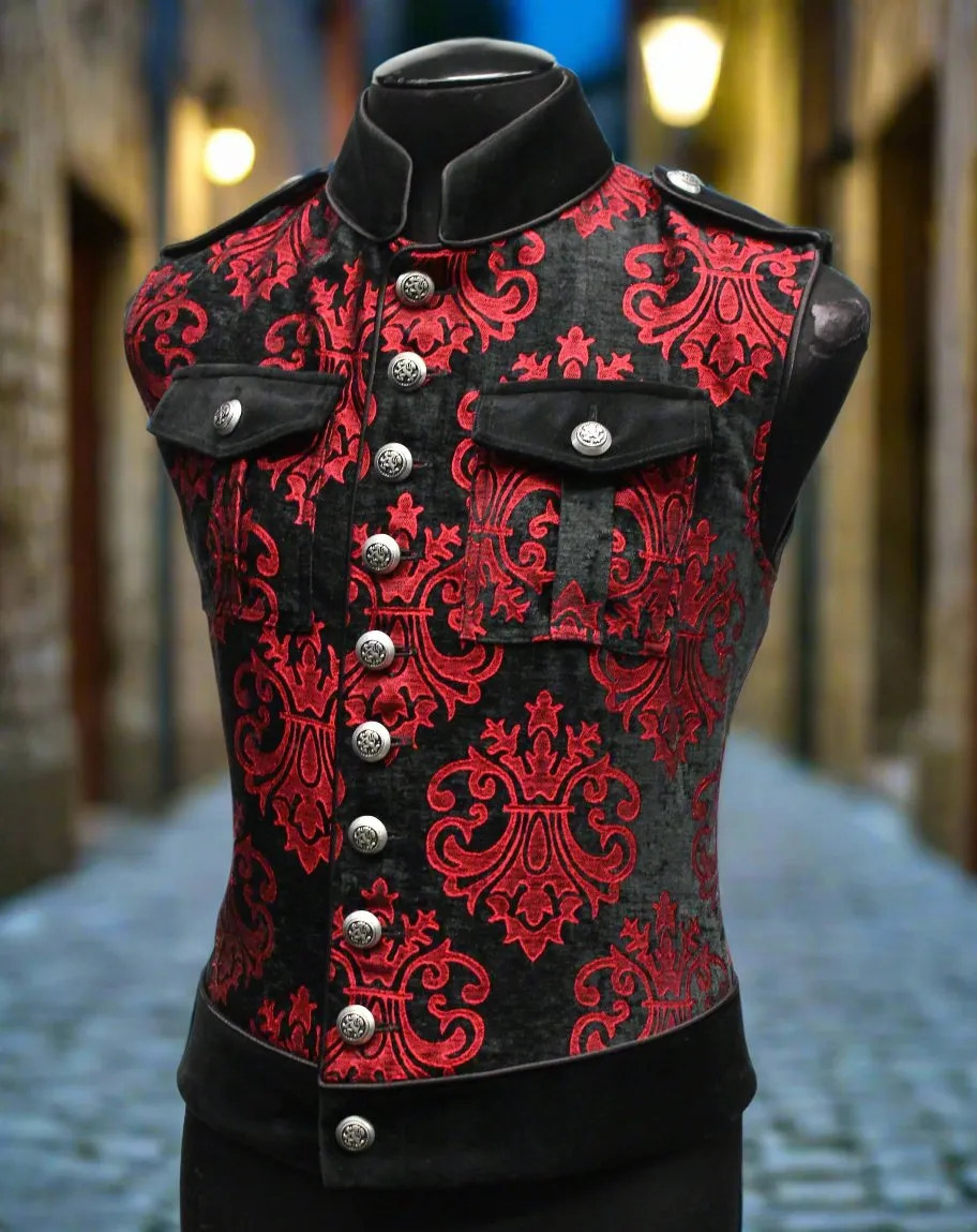 ROYAL MARINE VEST -Red On Black Velvet Brocade