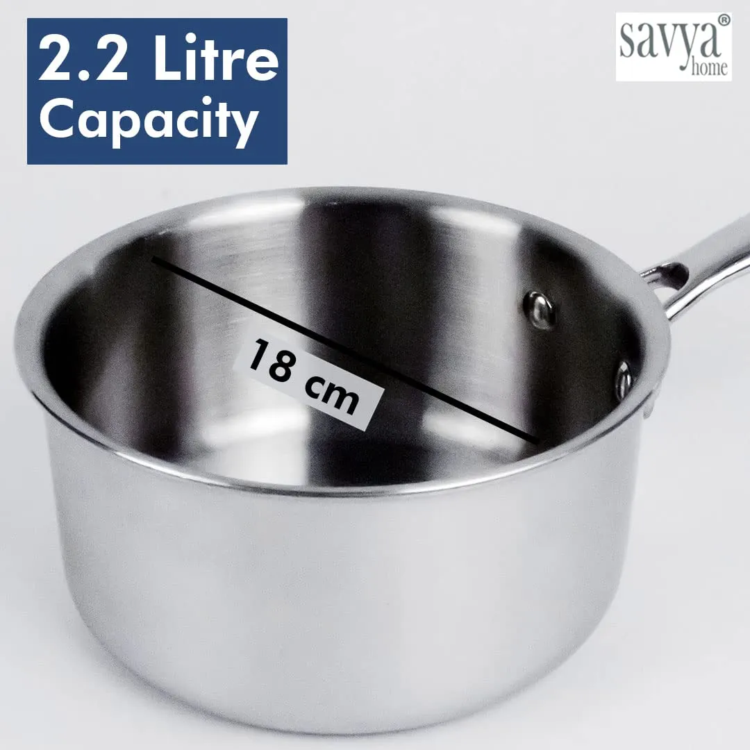 Savya Home Triply Stainless Steel Sauce pan with Lid | 18 cm | 2.2 L | Stove & Induction Cookware | Heat Surround Cooking | Easy Grip Handles | Stainless Steel Sauce pan with Handle