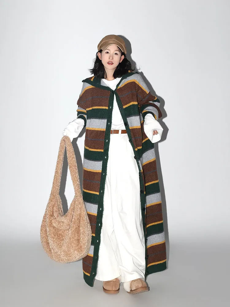 Striped Hooded Knit Sweater Coat for Women: Cozy and Casual Long-Length Knit Sweater Dress with a Touch of Korean Style in Fall-Winter