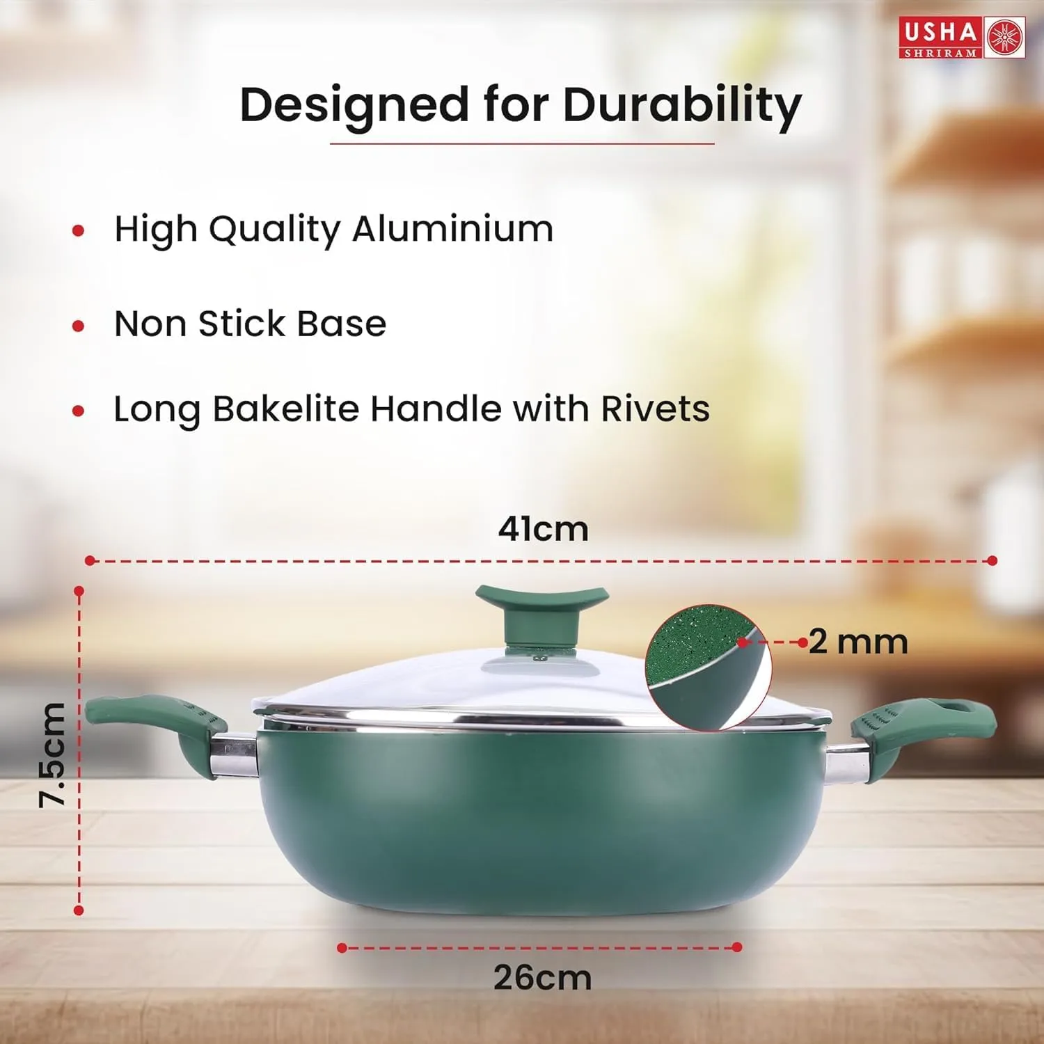 USHA SHRIRAM (3.6L Emerald Non Stick Kadai with Lid | Gas Cookware | Non Stick Cookware | Aluminium Kadai with Lid | Deep Base Kadai | Deep Fry Kadai