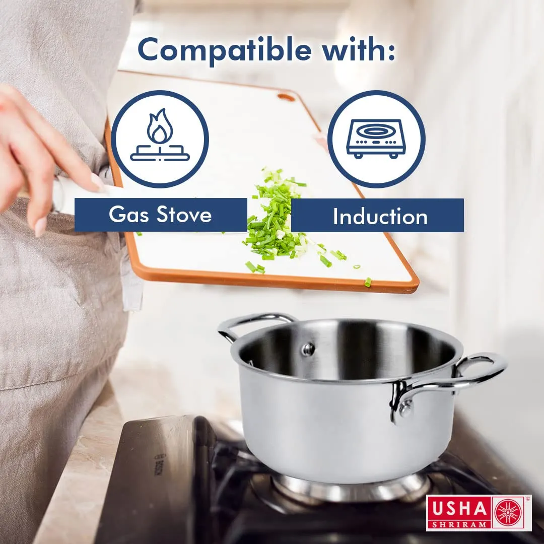 USHA SHRIRAM Triply Stainless Steel Tope with Lid | Handi Casserole with lid | Gas Stove & Induction Cookware | Durable, Non-Toxic | Easy Grip Handle | Heat Surround Cooking (4L)