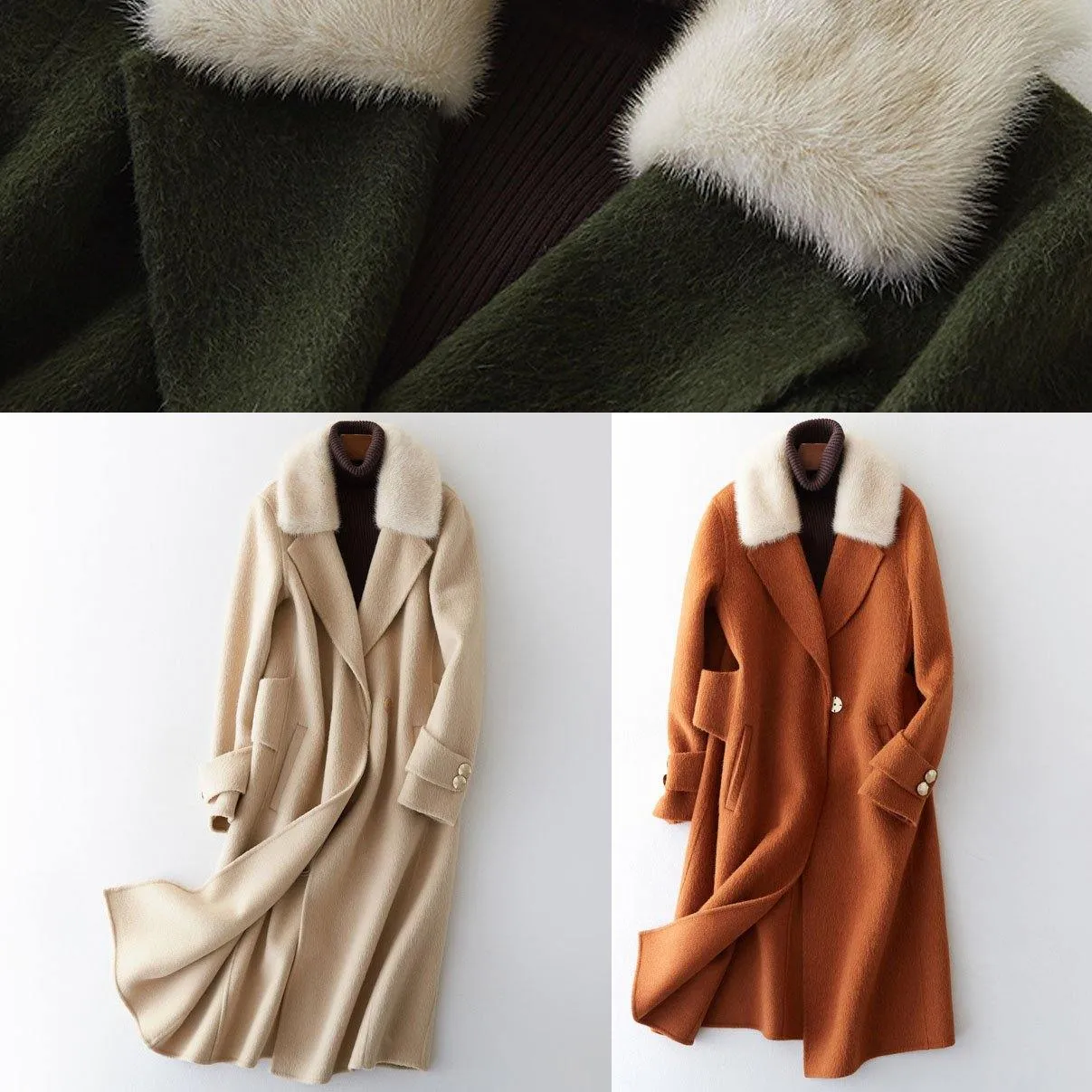 vintage army green Woolen Coats oversized trench coat fur collar women coats Notched