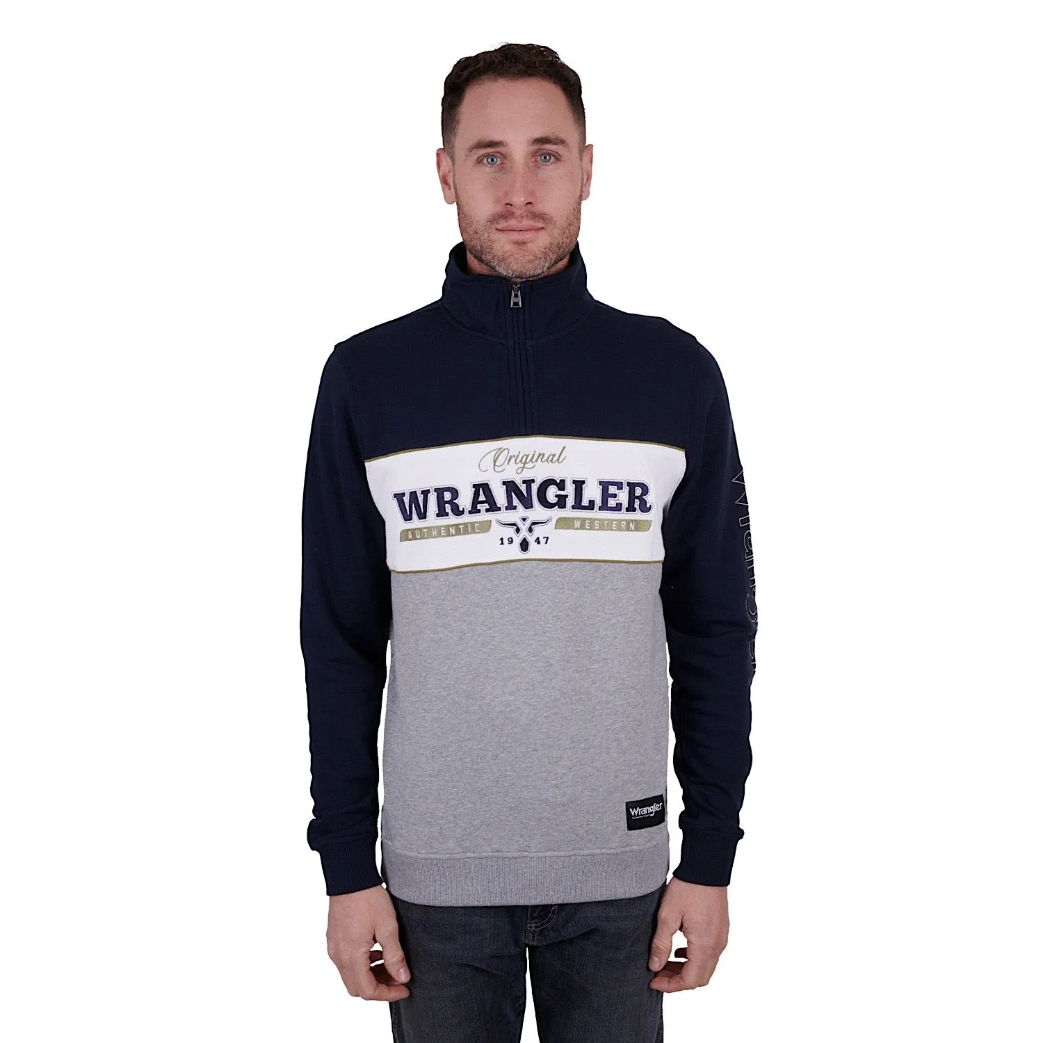 Wrangler Mens Edward 1/4 Zip Pullover Navy/Grey Marle